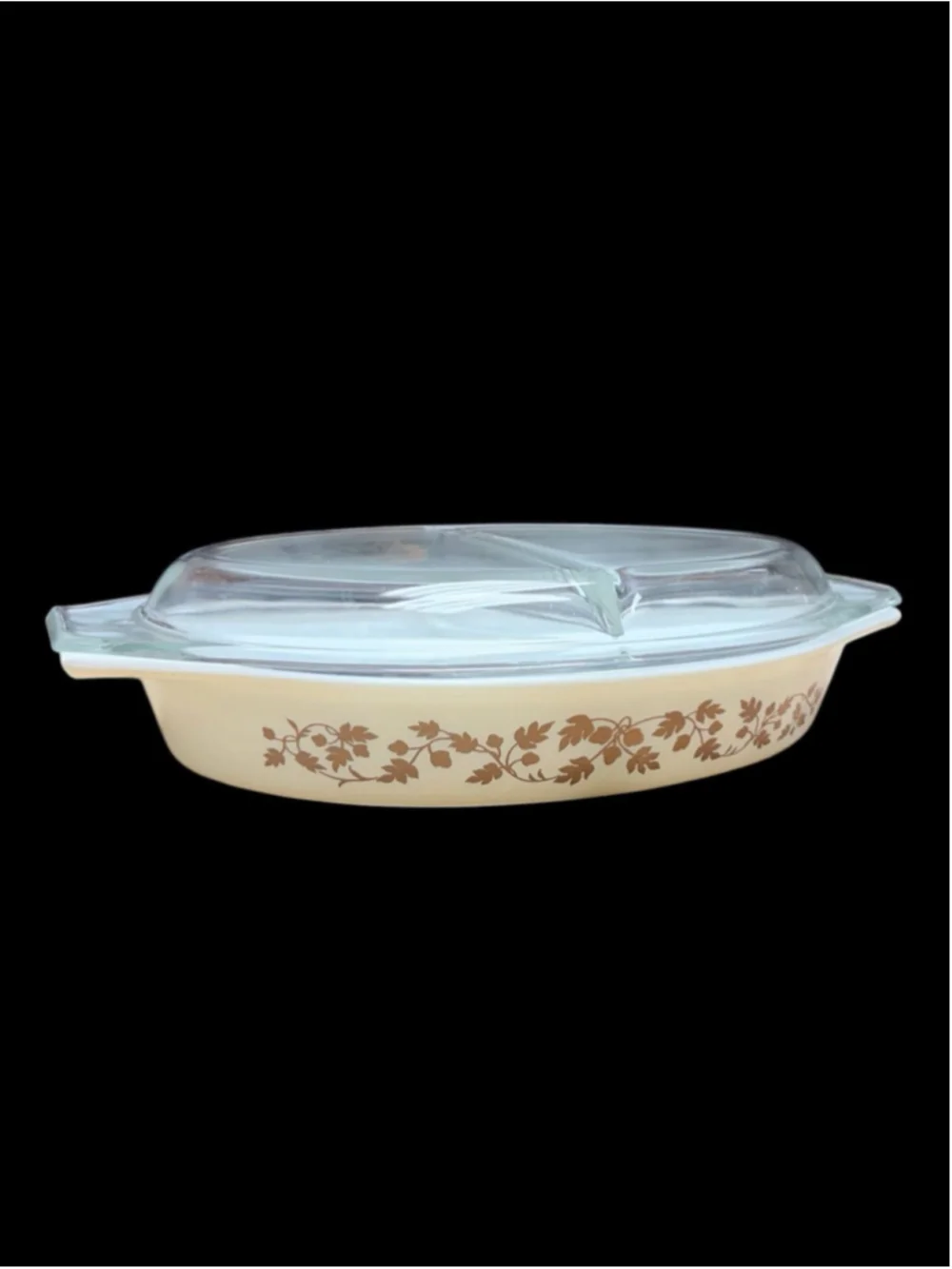 Vintage Pyrex Divided Casserole Dish with Lid | Brown Floral Pyrex Bakeware | Mi